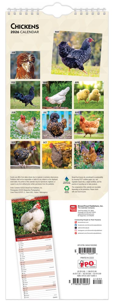 Chickens | 2026 5.7 x 16.5 Inch (Hanging) Monthly Slimline Wall Calendar