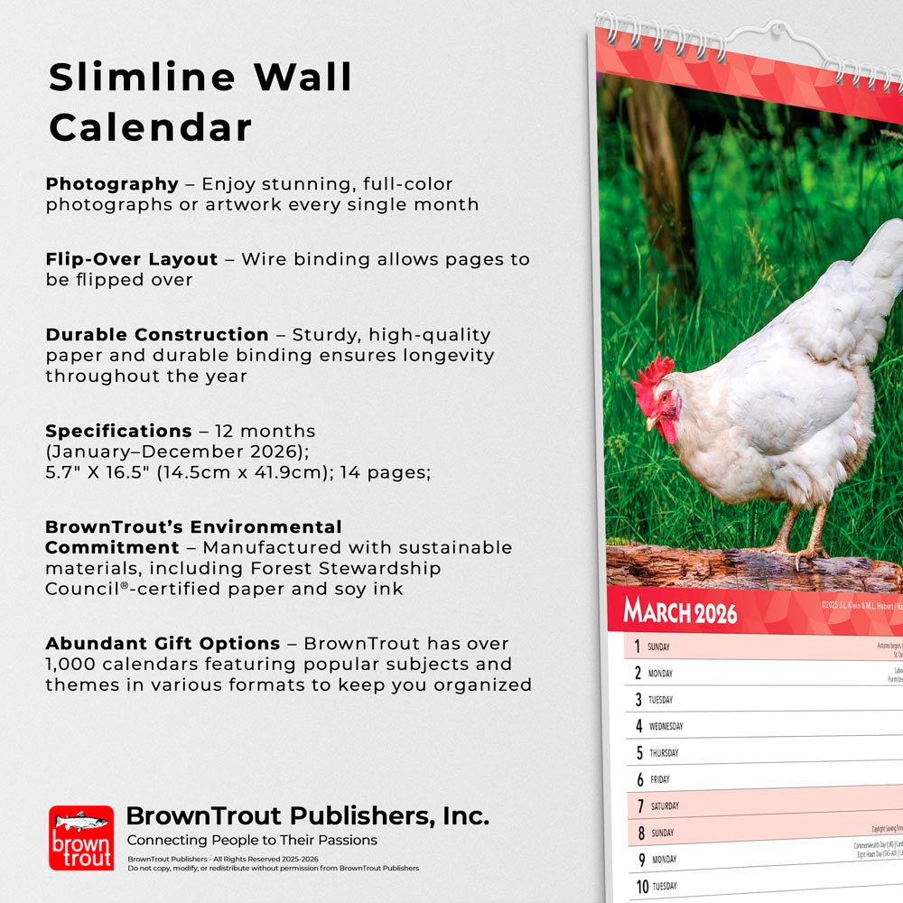Chickens | 2026 5.7 x 16.5 Inch (Hanging) Monthly Slimline Wall Calendar