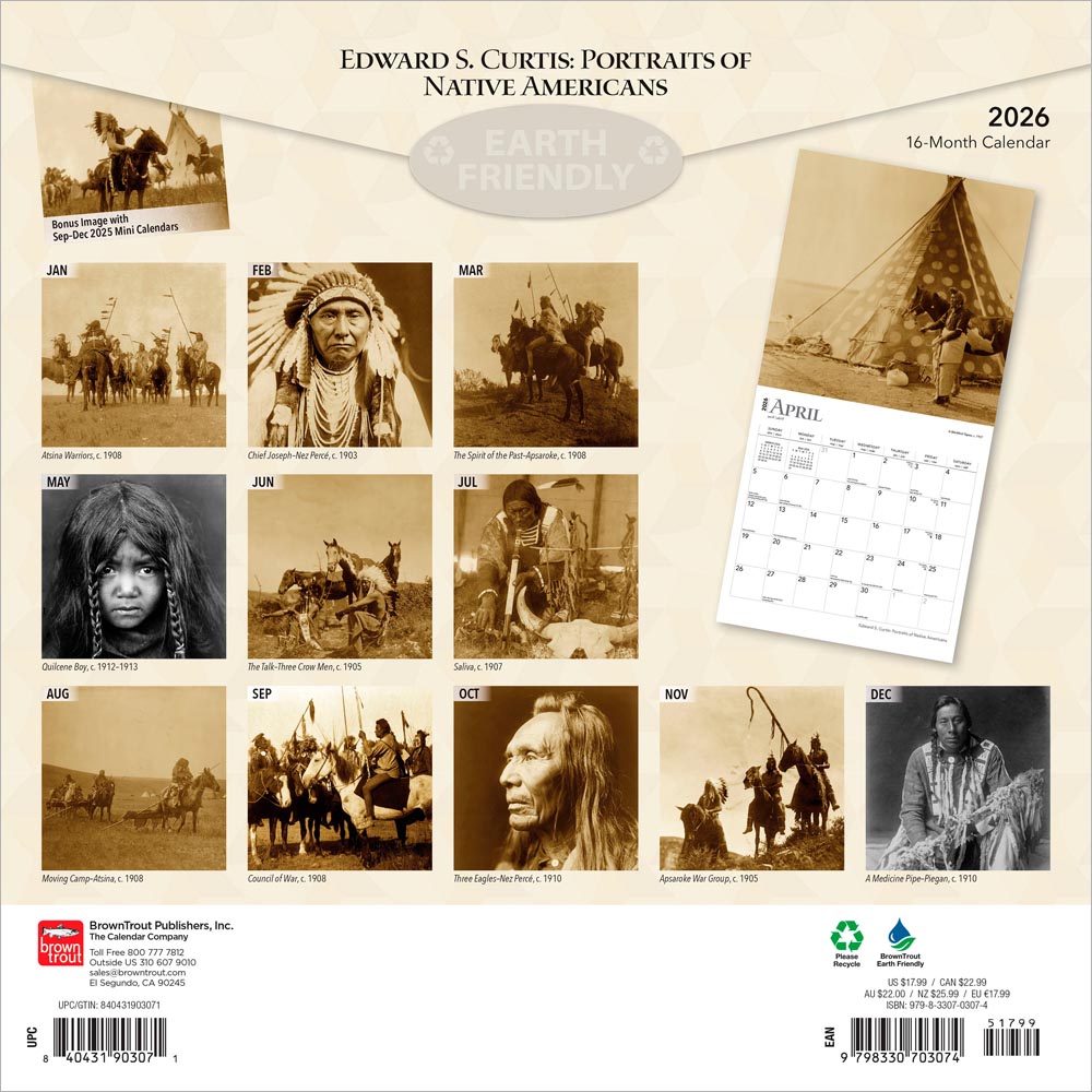 Edward S. Curtis Portraits of Native Americans | 2026 12 x 24 Inch (Hanging) Monthly Square Wall Calendar