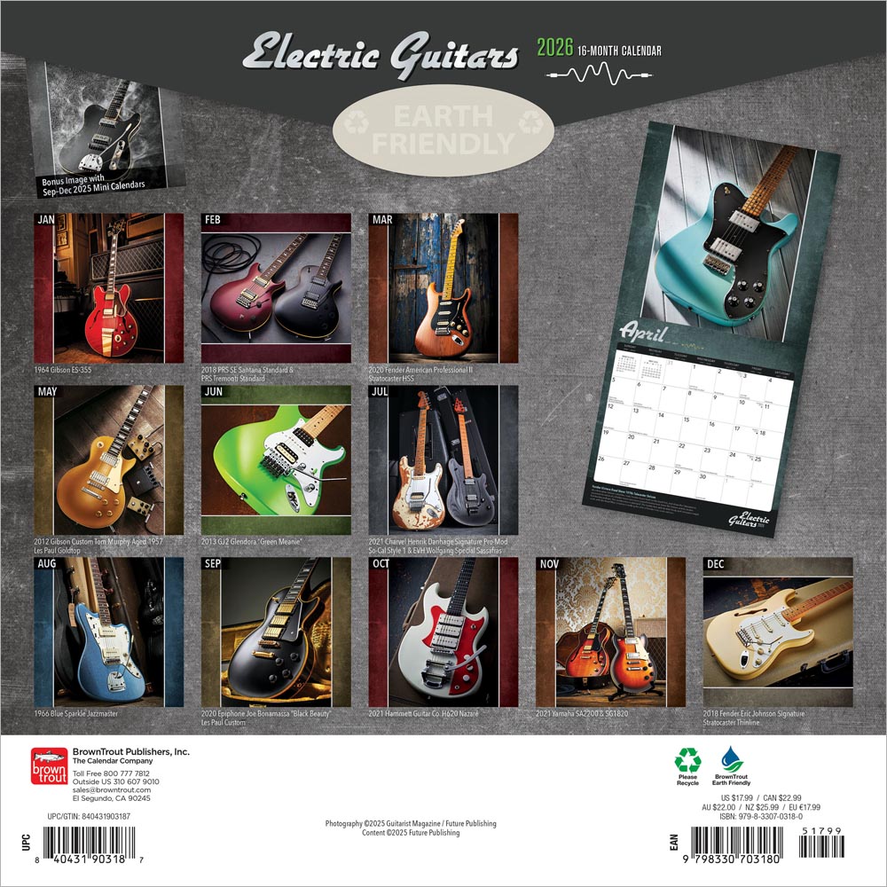 Electric Guitars | 2026 12 x 24 Inch (Hanging) Monthly Square Wall Calendar | Foil Stamped Cover