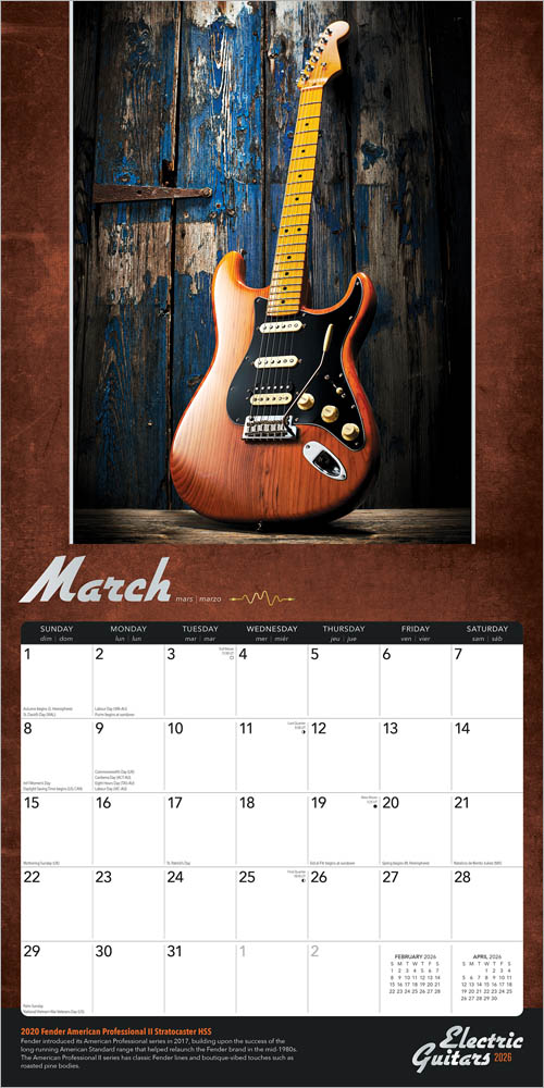 Electric Guitars | 2026 12 x 24 Inch (Hanging) Monthly Square Wall Calendar | Foil Stamped Cover