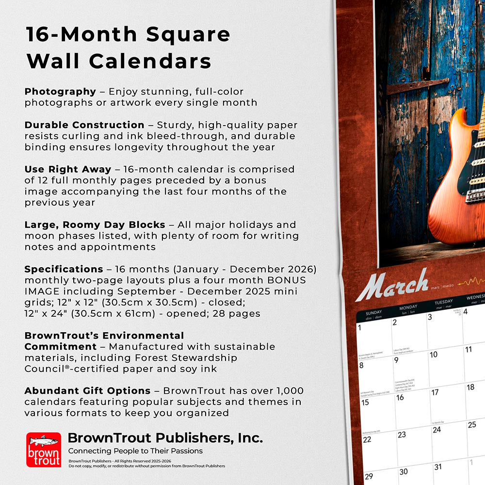 Electric Guitars | 2026 12 x 24 Inch (Hanging) Monthly Square Wall Calendar | Foil Stamped Cover