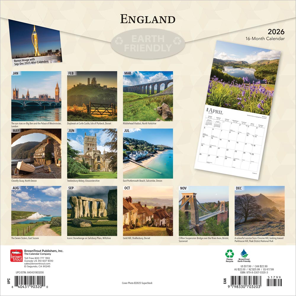 England | 2026 12 x 24 Inch (Hanging) Monthly Square Wall Calendar