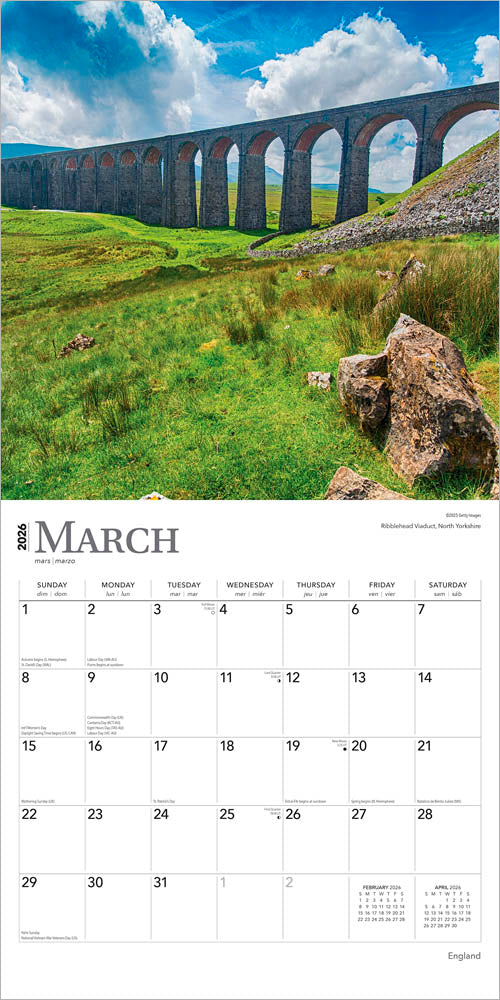 England | 2026 12 x 24 Inch (Hanging) Monthly Square Wall Calendar