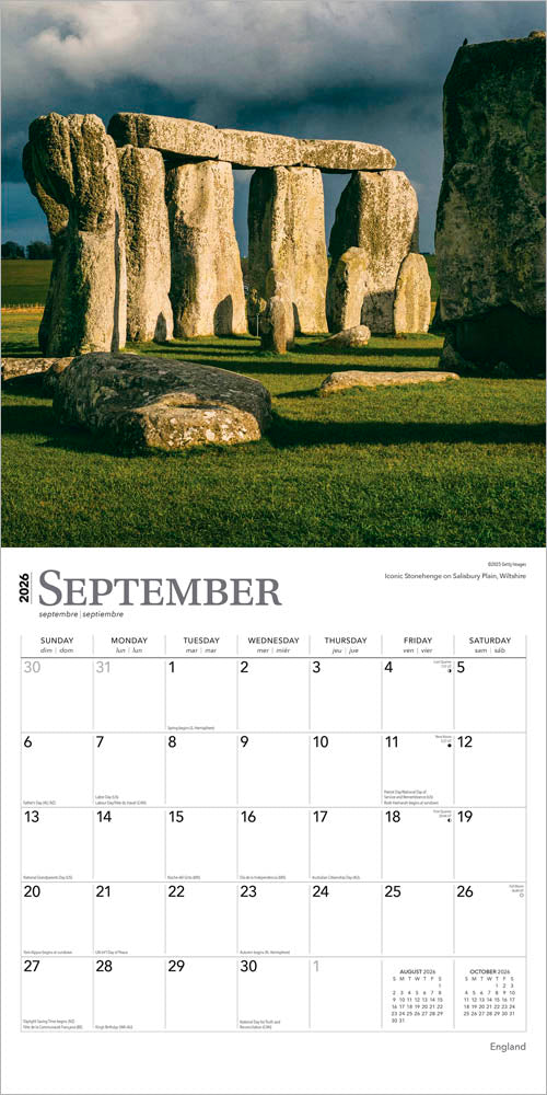England | 2026 12 x 24 Inch (Hanging) Monthly Square Wall Calendar