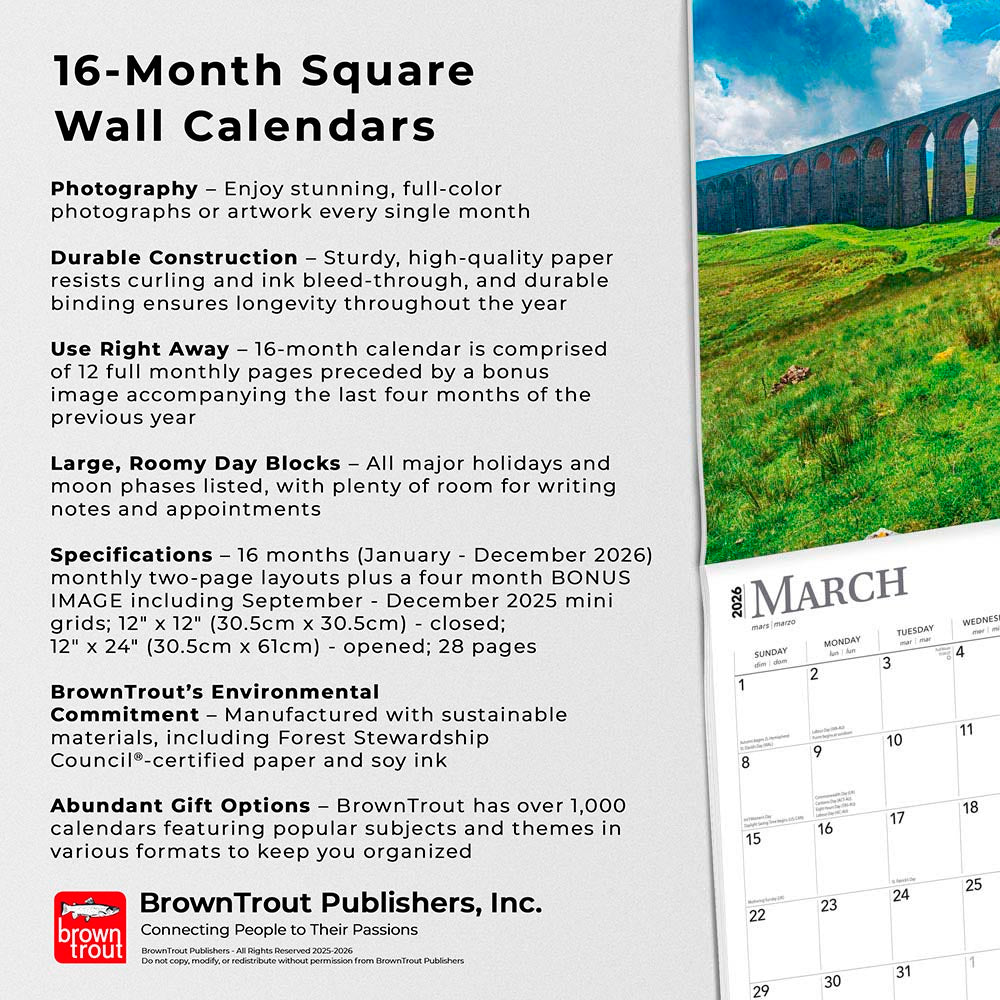 England | 2026 12 x 24 Inch (Hanging) Monthly Square Wall Calendar
