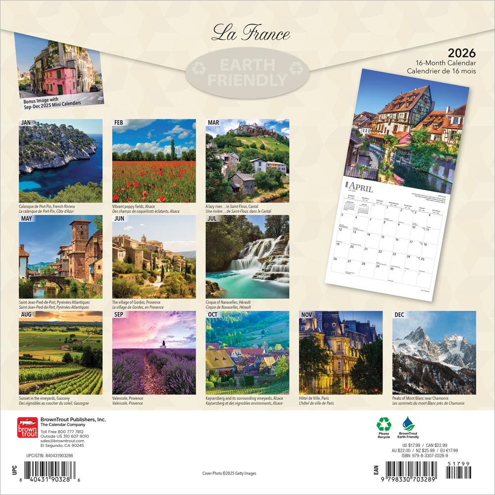 France | 2026 12 x 24 Inch (Hanging) Monthly Square Wall Calendar | Foil Stamped Cover | English/French Bilingual