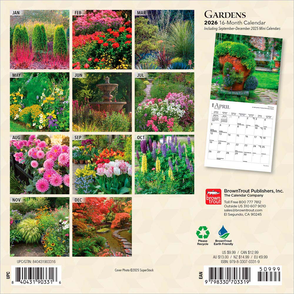 Gardens | 2026 7 x 14 Inch (Hanging) Monthly Mini Wall Calendar