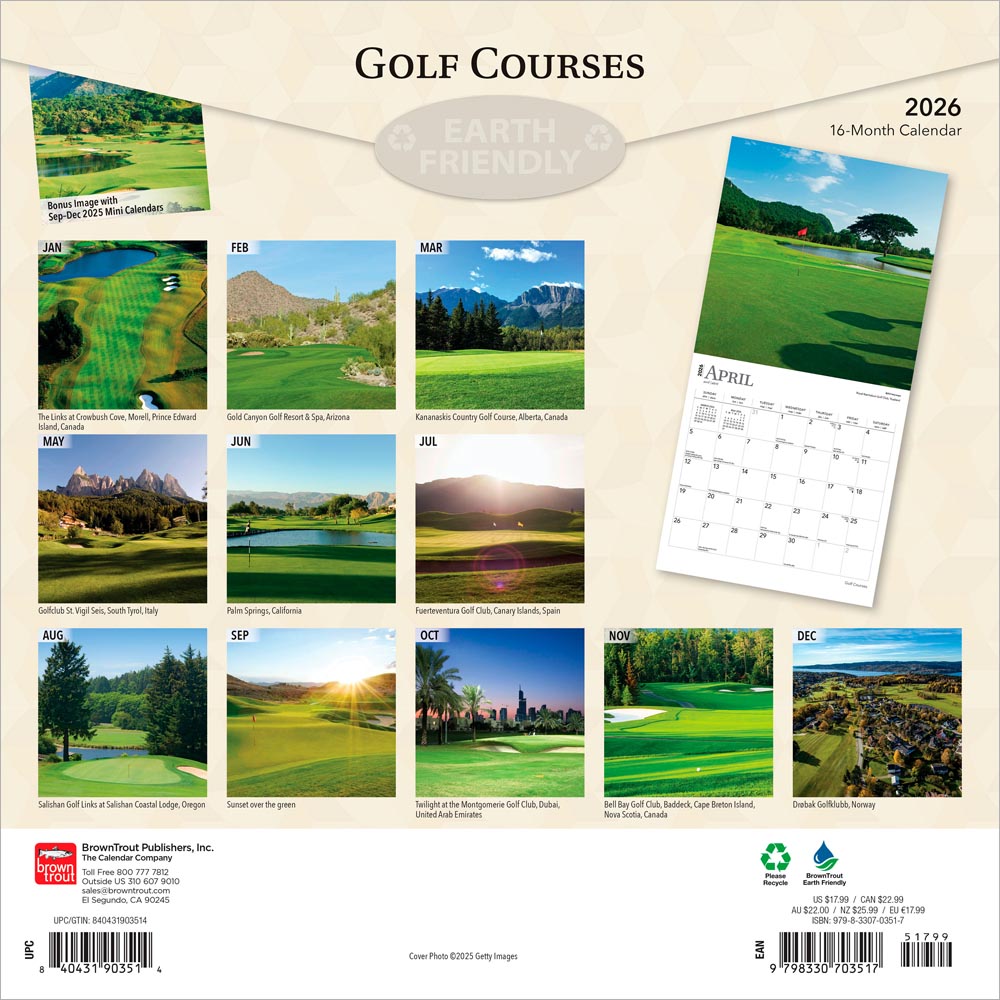 Golf Courses | 2026 12 x 24 Inch (Hanging) Monthly Square Wall Calendar