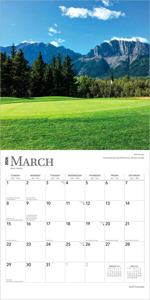 Golf Courses | 2026 12 x 24 Inch (Hanging) Monthly Square Wall Calendar