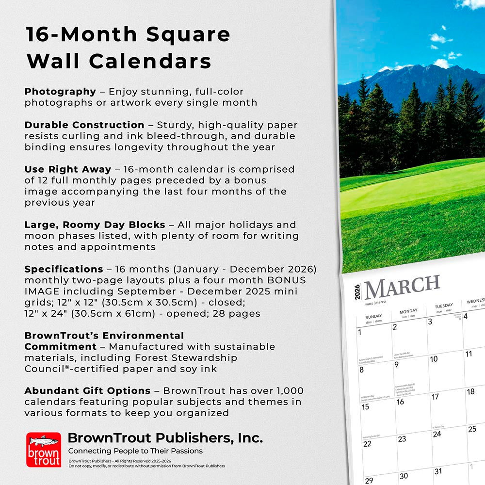 Golf Courses | 2026 12 x 24 Inch (Hanging) Monthly Square Wall Calendar