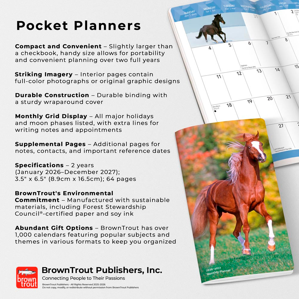 Horse Lovers | 2026-2027 3.5 x 6.5 Inch Two Year Monthly Pocket Planner Calendar