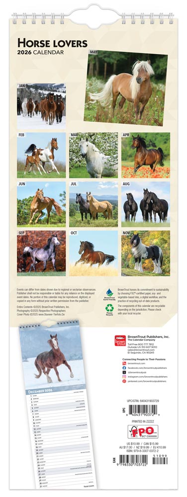 Horse Lovers | 2026  5.7 x 16.5 Inch (Hanging) Monthly Slimline Wall Calendar
