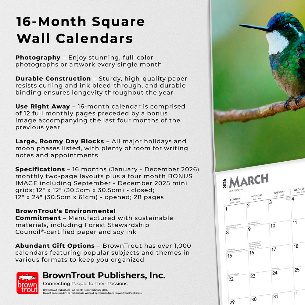 Hummingbirds | 2026 12 x 24 Inch (Hanging) Monthly Square Wall Calendar | Foil Stamped Cover