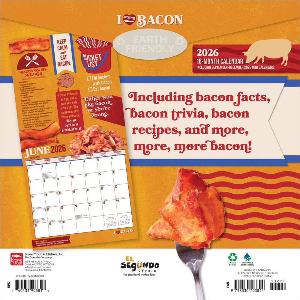 I Love Bacon | 2026 12 x 24 Inch (Hanging) Monthly Square Wall Calendar