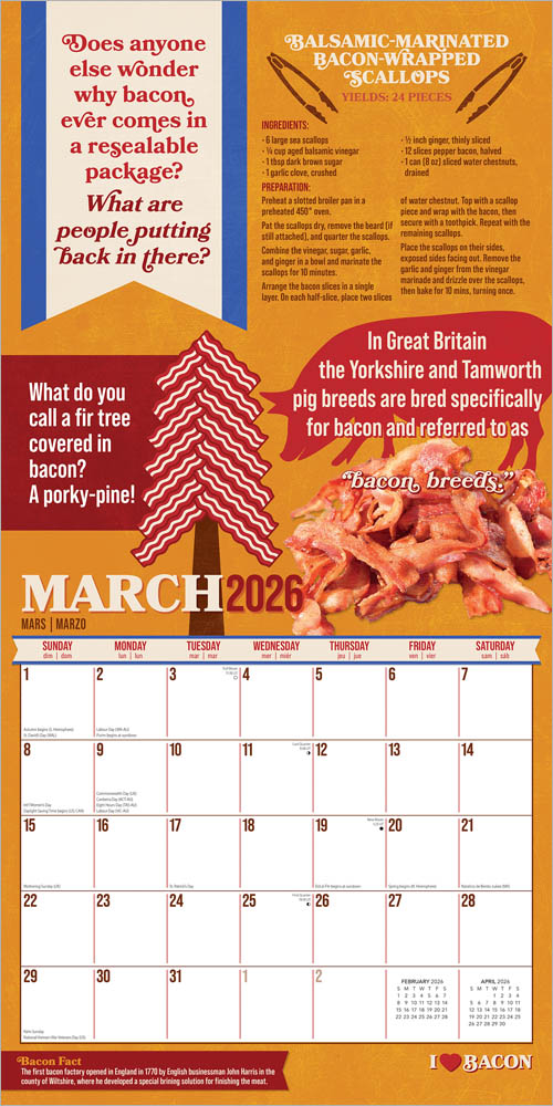 I Love Bacon | 2026 12 x 24 Inch (Hanging) Monthly Square Wall Calendar