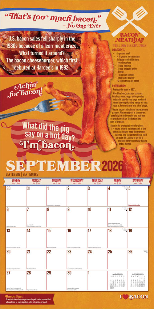 I Love Bacon | 2026 12 x 24 Inch (Hanging) Monthly Square Wall Calendar