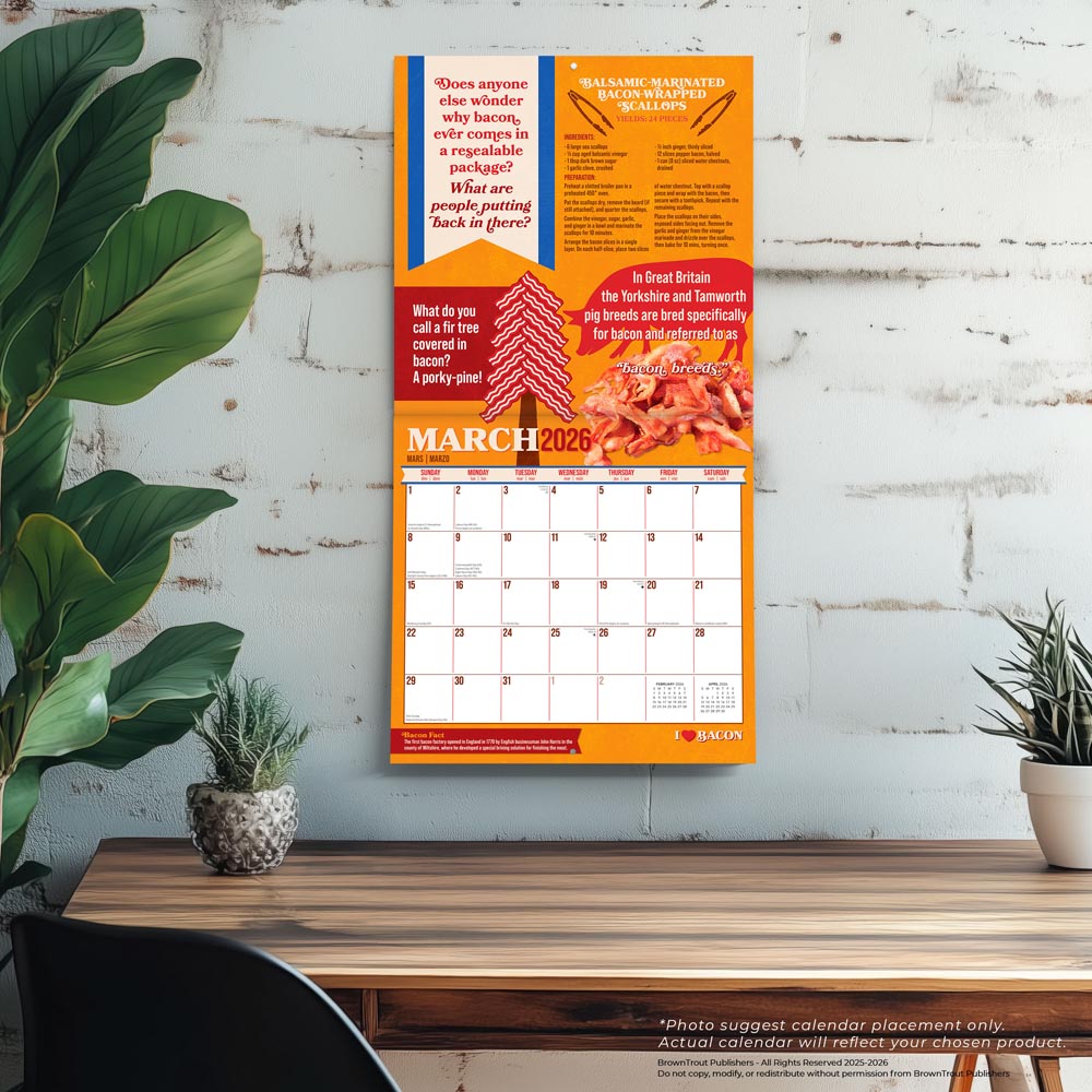 I Love Bacon | 2026 12 x 24 Inch (Hanging) Monthly Square Wall Calendar