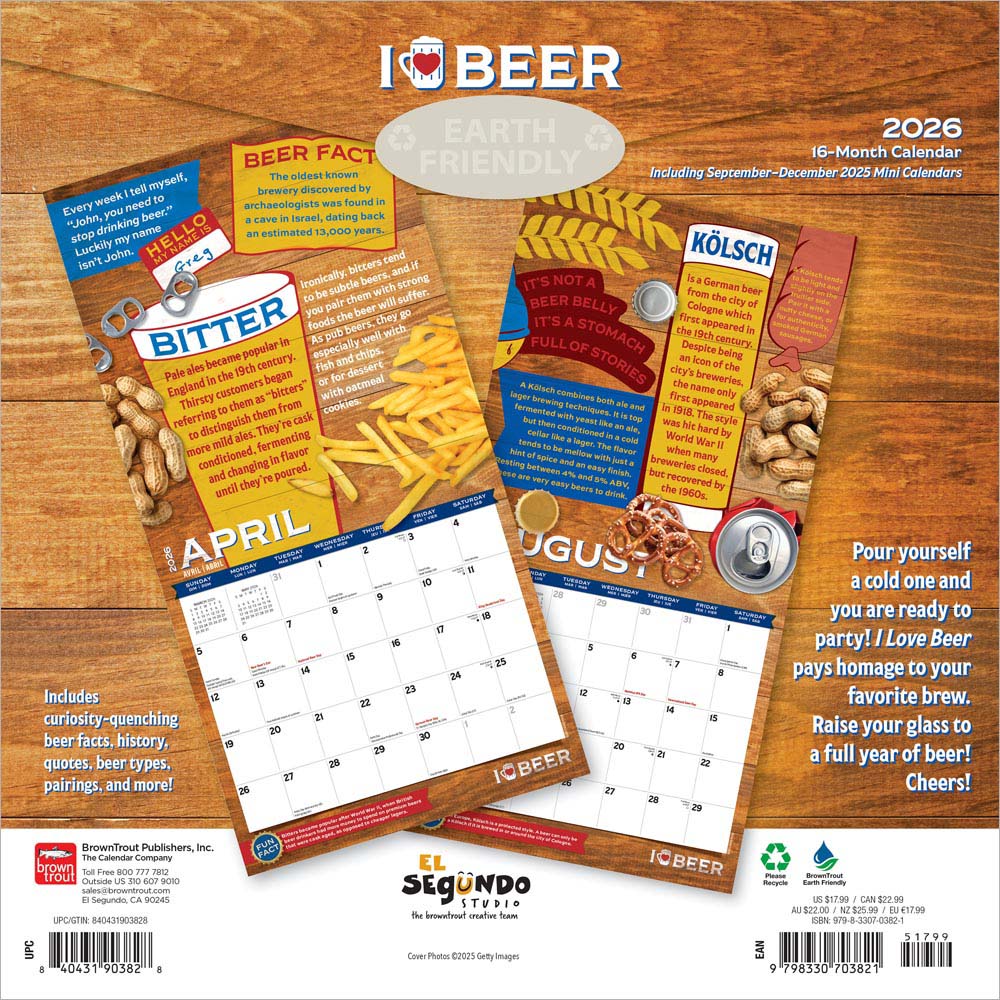 I Love Beer | 2026 12 x 24 Inch (Hanging) Monthly Square Wall Calendar