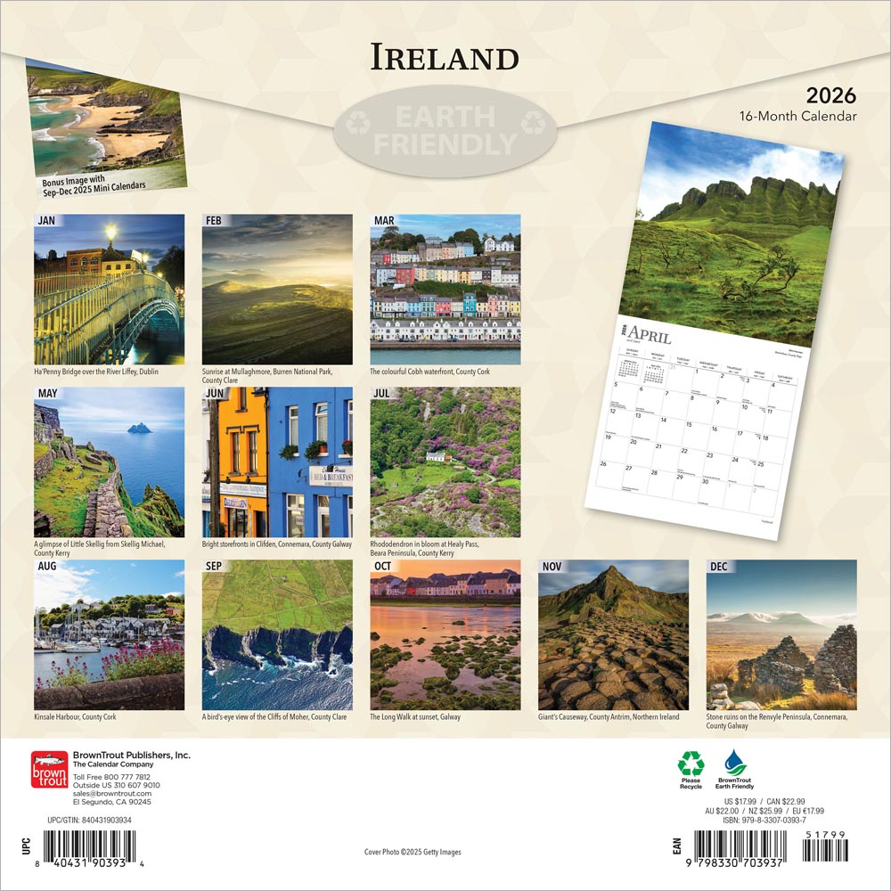 Ireland | 2026 12 x 24 Inch (Hanging) Monthly Square Wall Calendar
