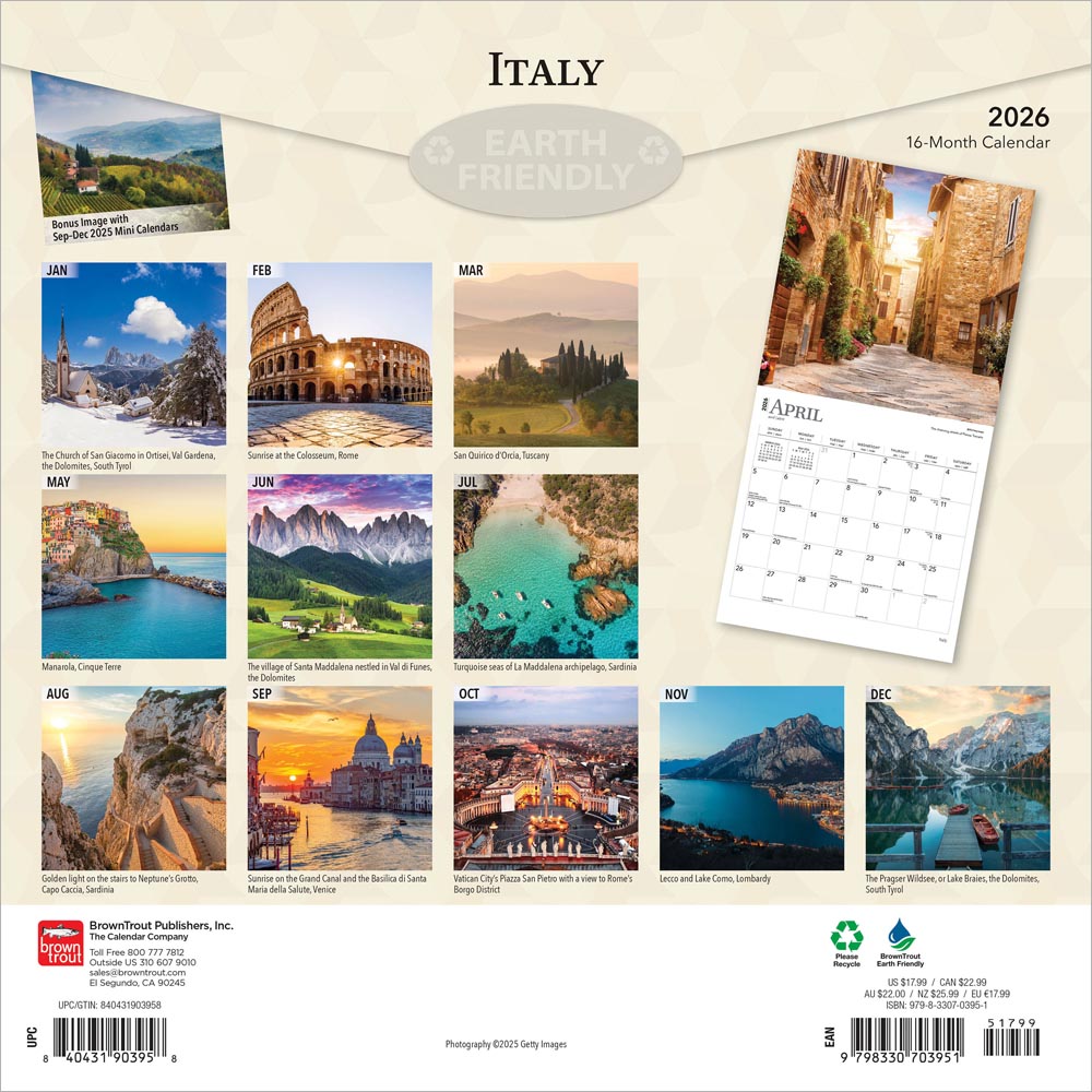 Italy | 2026 12 x 24 Inch (Hanging) Monthly Square Wall Calendar