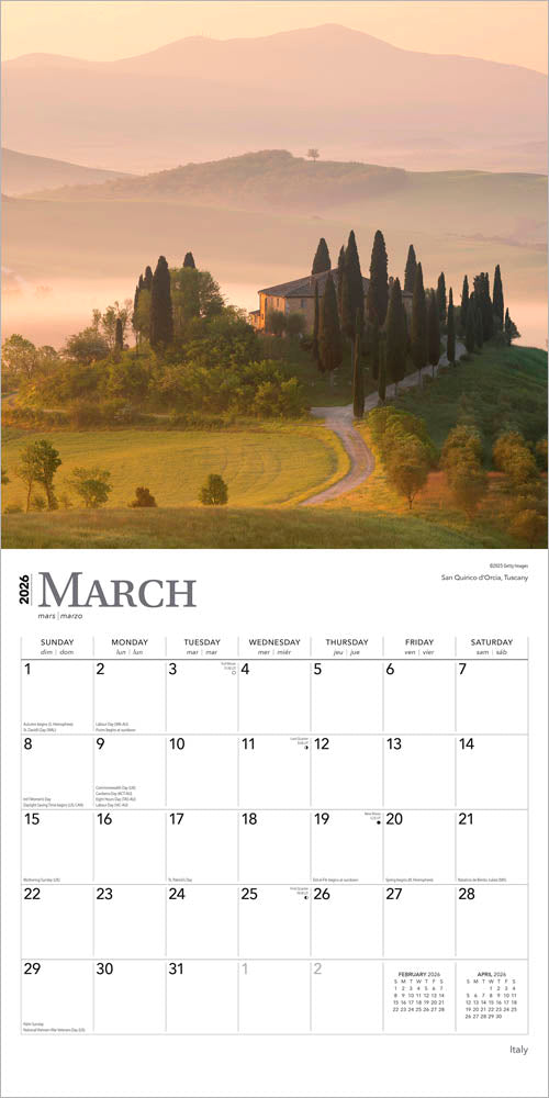 Italy | 2026 12 x 24 Inch (Hanging) Monthly Square Wall Calendar