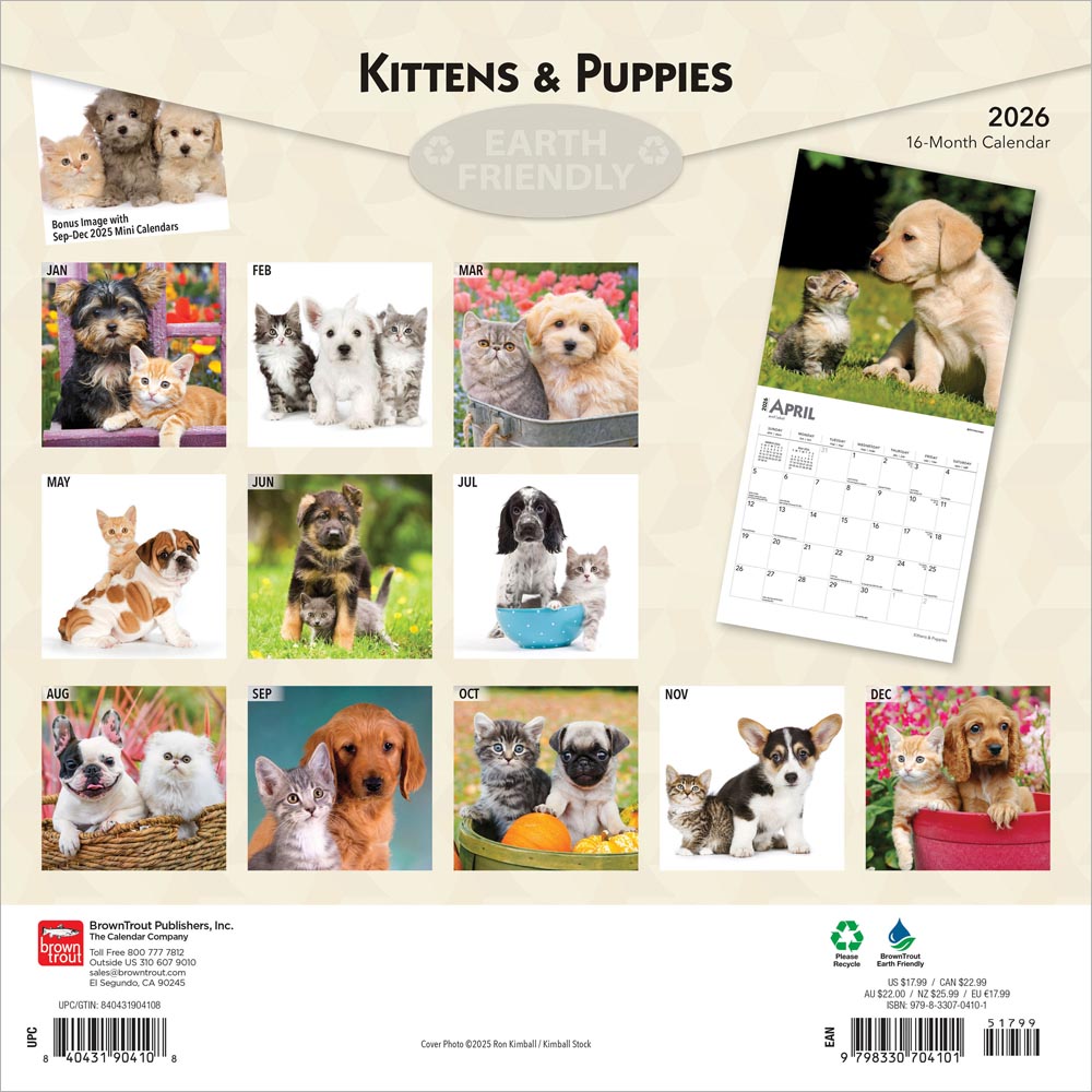 Kittens & Puppies | 2026 12 x 24 Inch (Hanging) Monthly Square Wall Calendar | Foil Stamped Cover