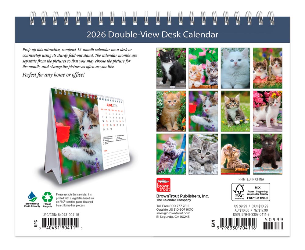 Kittens | 2026 7.5 x 6 Inch Monthly Double-View Easel Desk Calendar