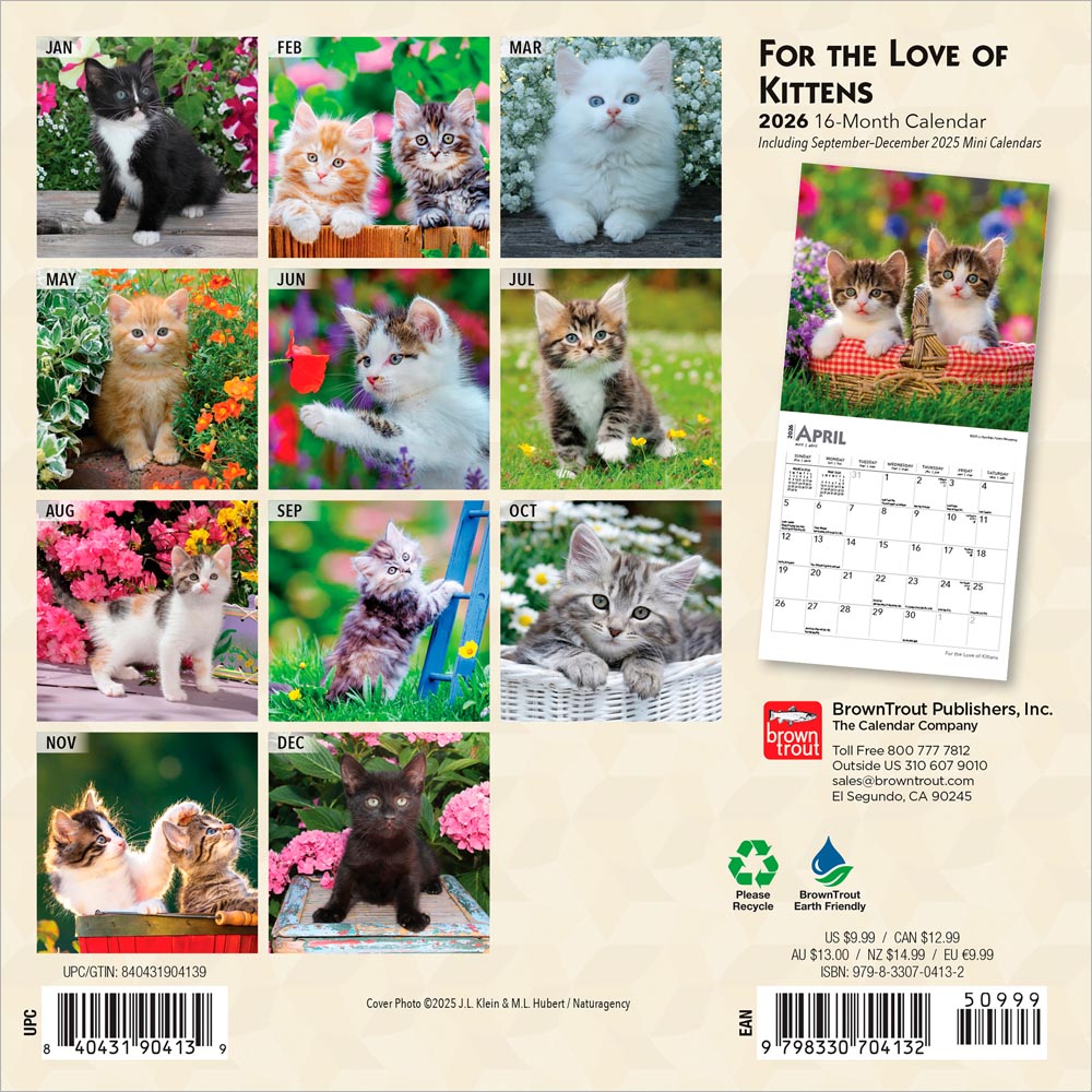 For the Love of Kittens | 2026 7 x 14 Inch (Hanging) Monthly Mini Wall Calendar