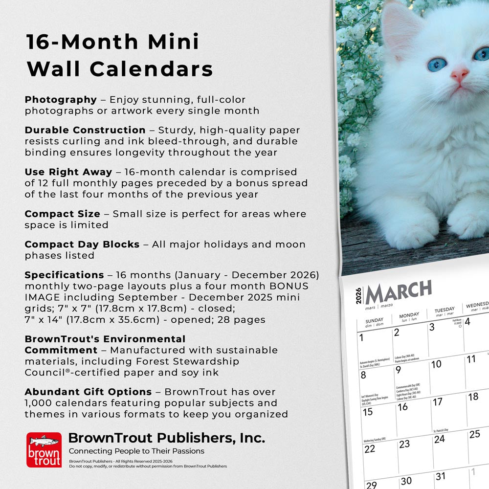 For the Love of Kittens | 2026 7 x 14 Inch (Hanging) Monthly Mini Wall Calendar