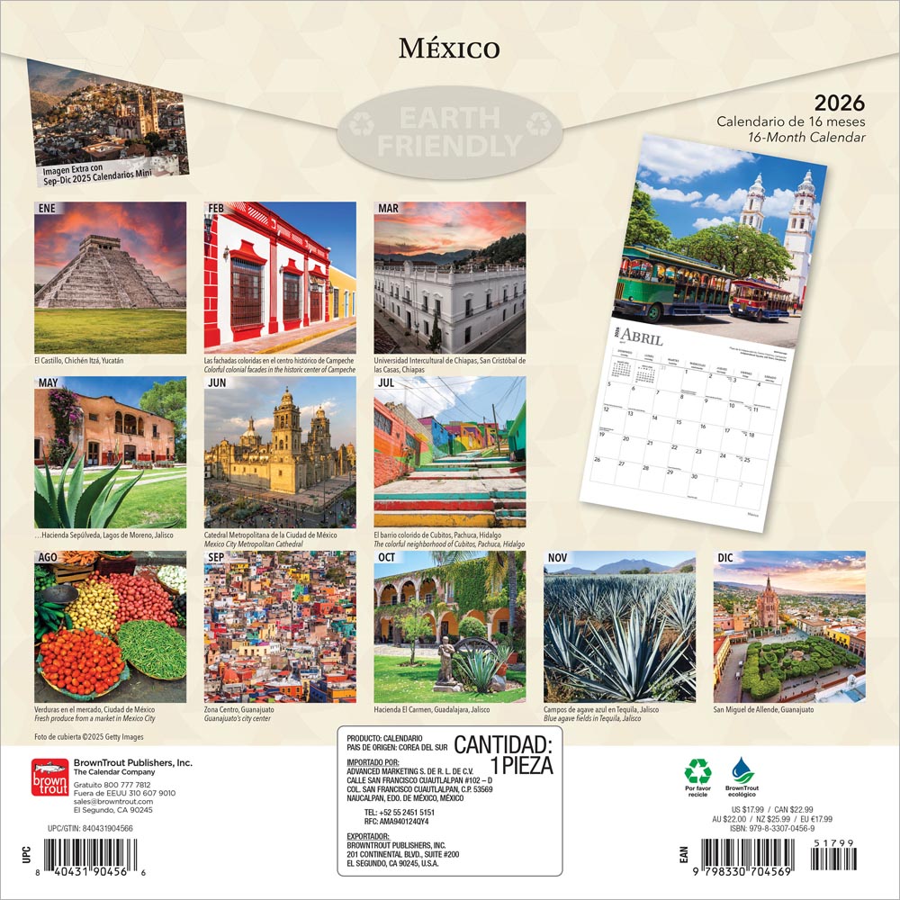 Mexico | 2026 12 x 24 Inch (Hanging) Monthly Square Wall Calendar | English/Spanish Bilingual