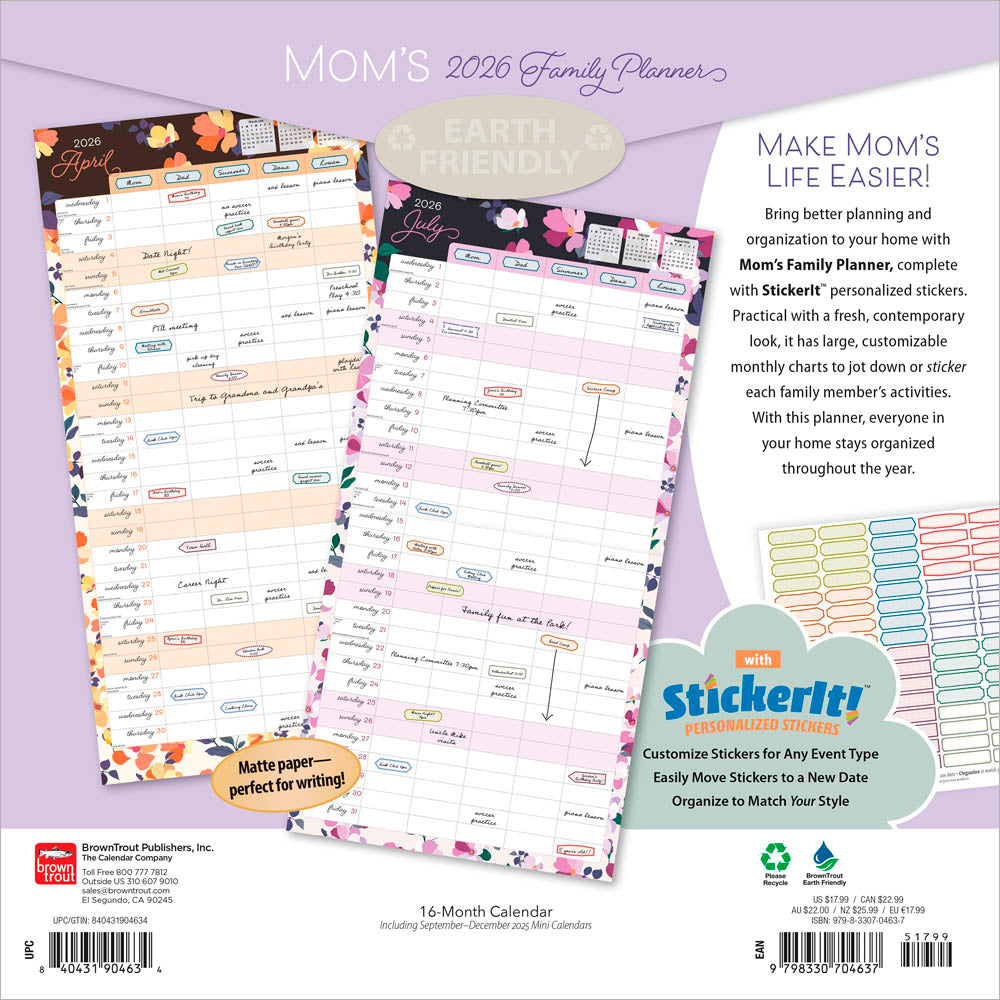 Mom's Family Planner | 2026 12 x 24 Inch (Hanging) Monthly Square Wall Calendar | Matte Paper and Sticker Sheet