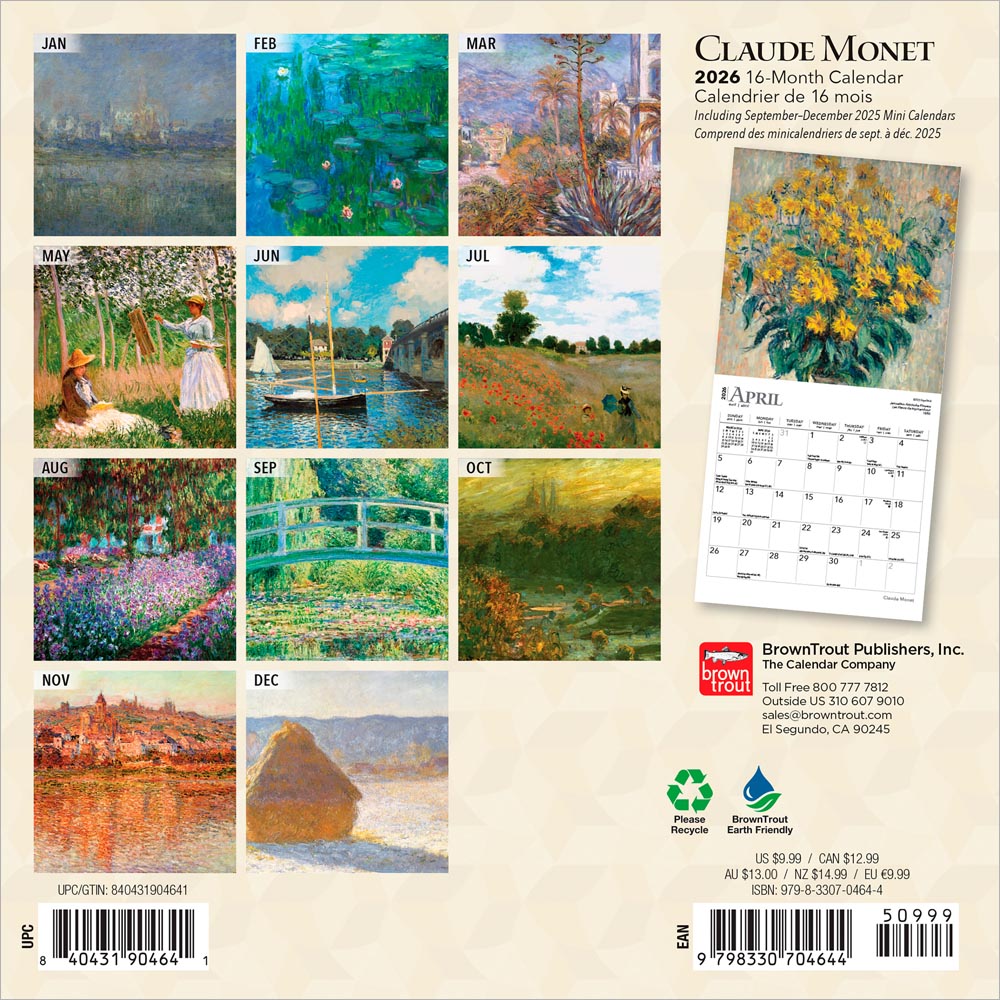 Claude Monet | 2026 7 x 14 Inch (Hanging) Monthly Mini Wall Calendar | English/French Bilingual