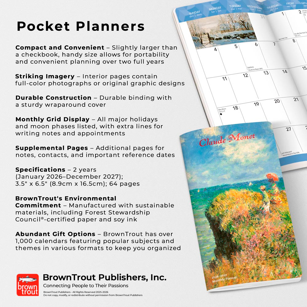 Claude Monet | 2026-2027 3.5 x 6.5 Inch Two Year Monthly Pocket Planner Calendar | Foil Stamped Cover