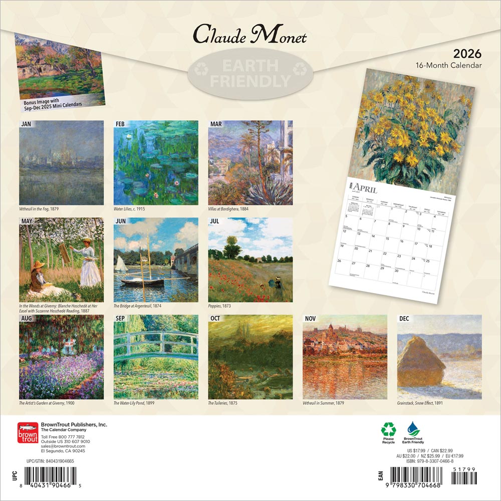 Claude Monet | 2026 12 x 24 Inch (Hanging) Monthly Square Wall Calendar | Foil Stamped Cover