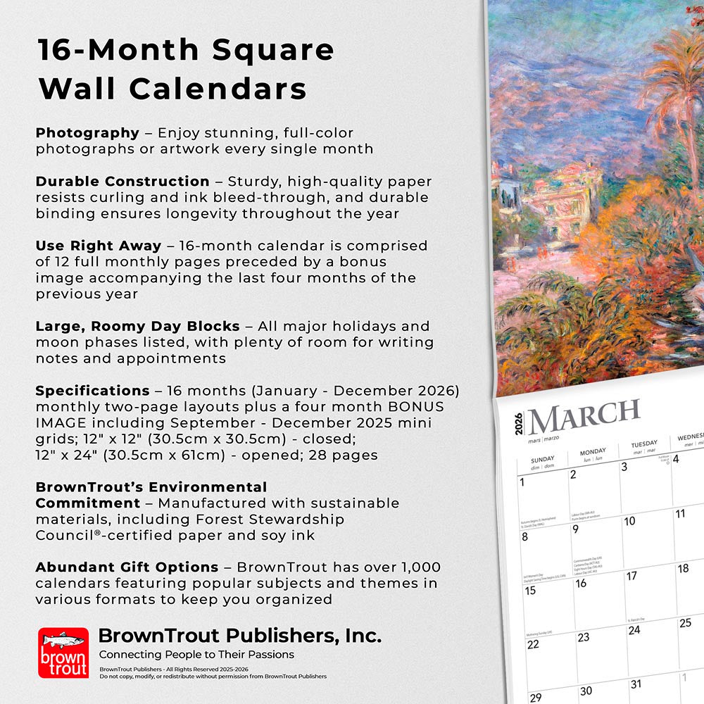 Claude Monet | 2026 12 x 24 Inch (Hanging) Monthly Square Wall Calendar | Foil Stamped Cover