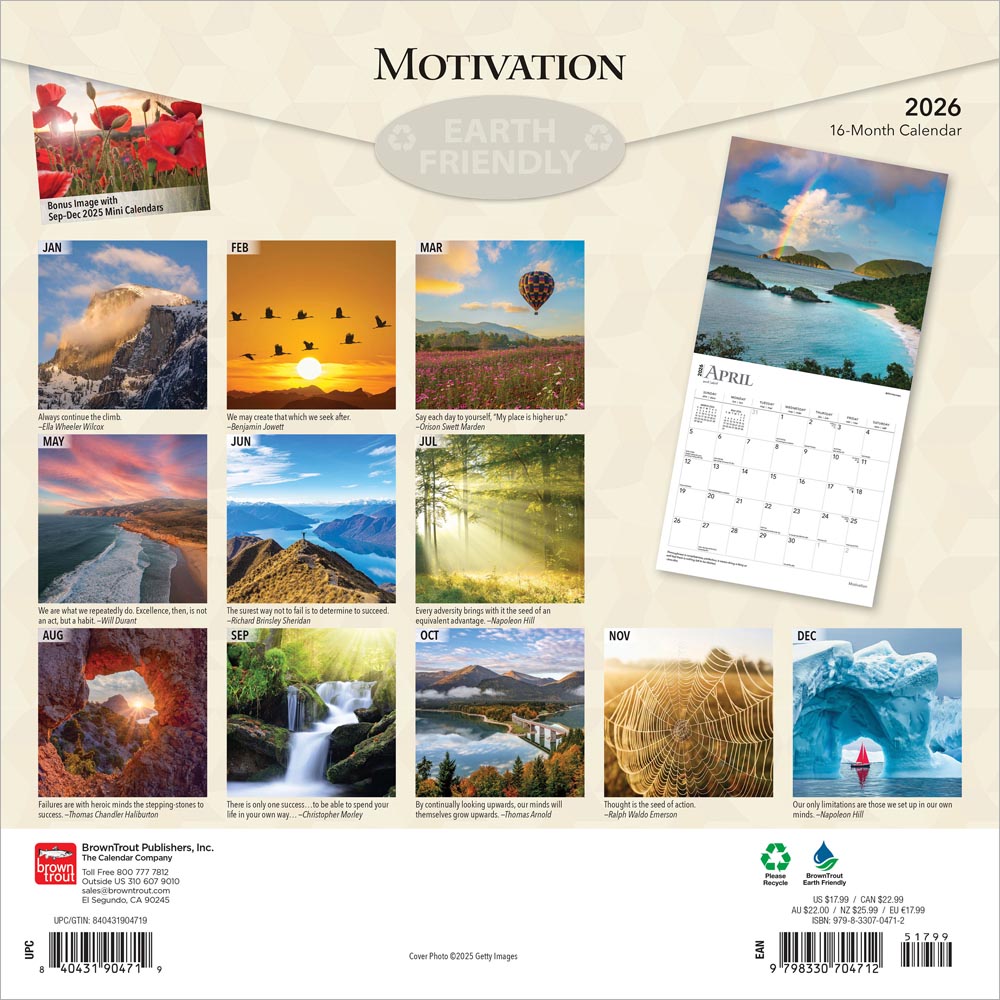 Motivation | 2026 12 x 24 Inch (Hanging) Monthly Square Wall Calendar | Foil Stamped Cover