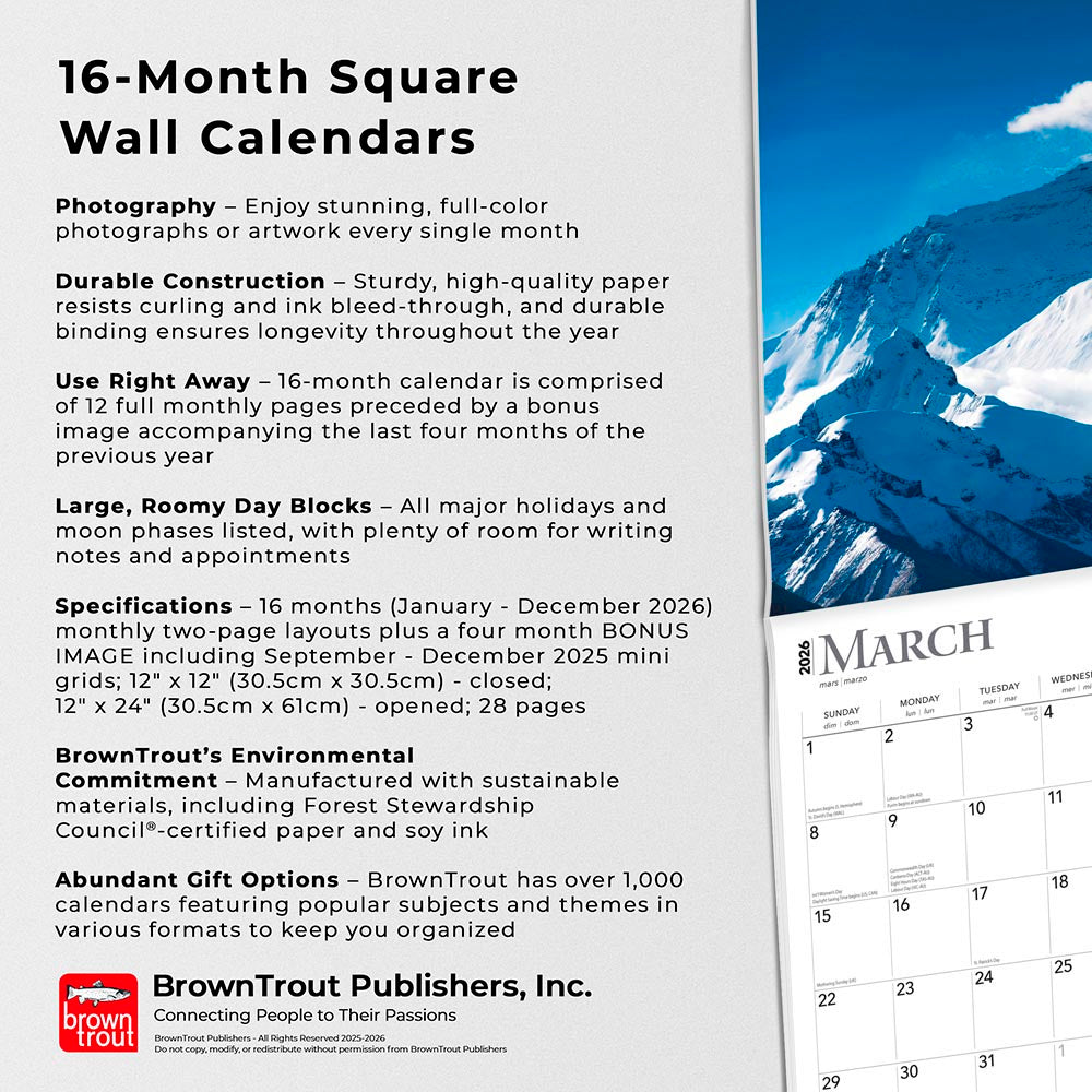 World's Greatest Mountains | 2026 12 x 24 Inch (Hanging) Monthly Square Wall Calendar | Foil Stamped Cover