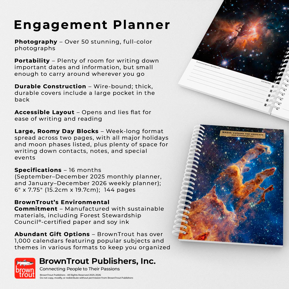 NASA Explore the Universe | 2026 6 x 7.75 Inch Spiral-Bound Wire-O Weekly Engagement Planner Calendar | New Full-Color Image Every Week