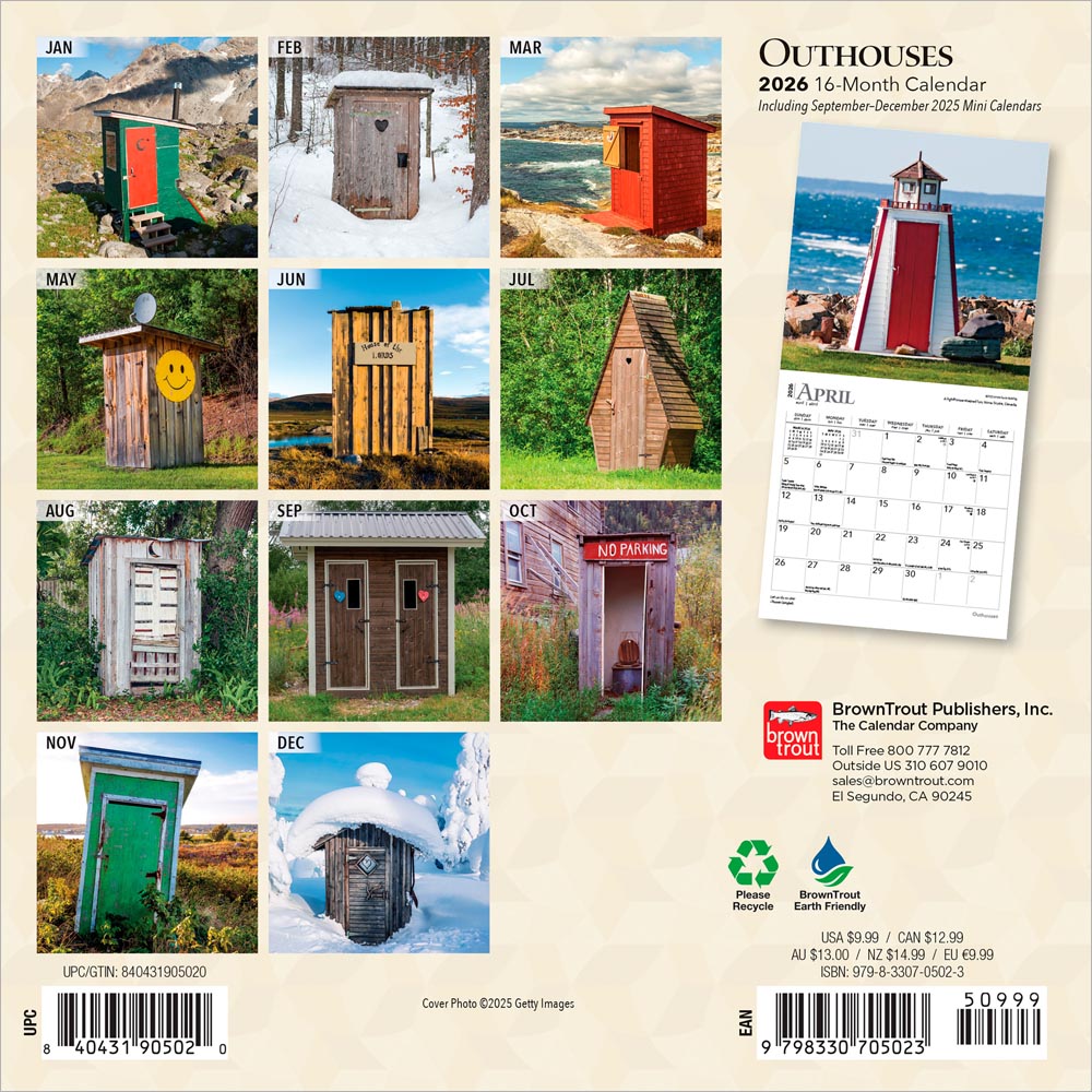 Outhouses | 2026 7 x 14 Inch (Hanging) Monthly Mini Wall Calendar