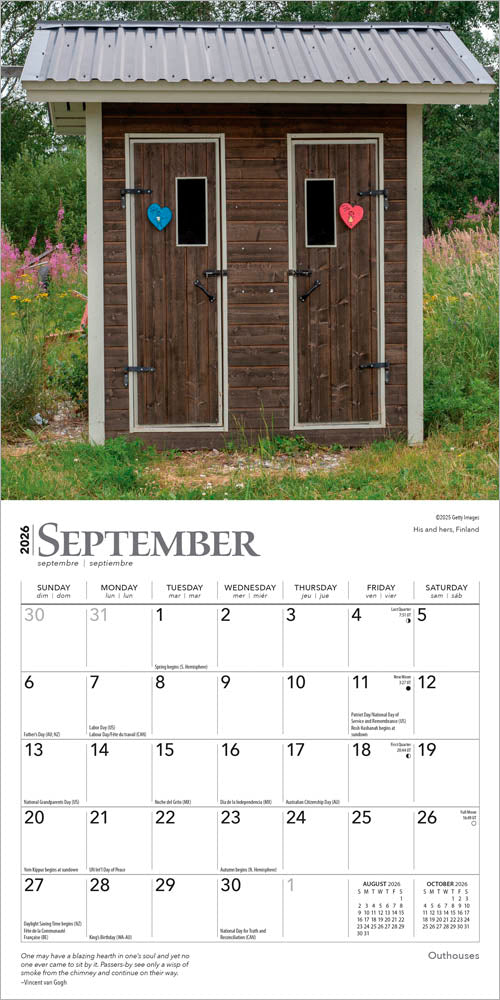 Outhouses | 2026 7 x 14 Inch (Hanging) Monthly Mini Wall Calendar