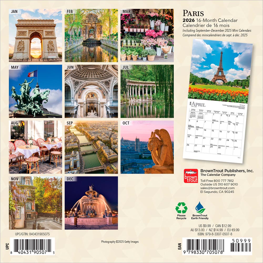 Paris | 2026 7 x 14 Inch (Hanging) Monthly Mini Wall Calendar | English/French Bilingual