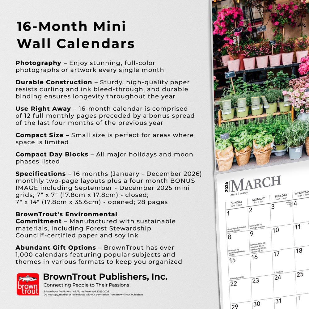 Paris | 2026 7 x 14 Inch (Hanging) Monthly Mini Wall Calendar | English/French Bilingual