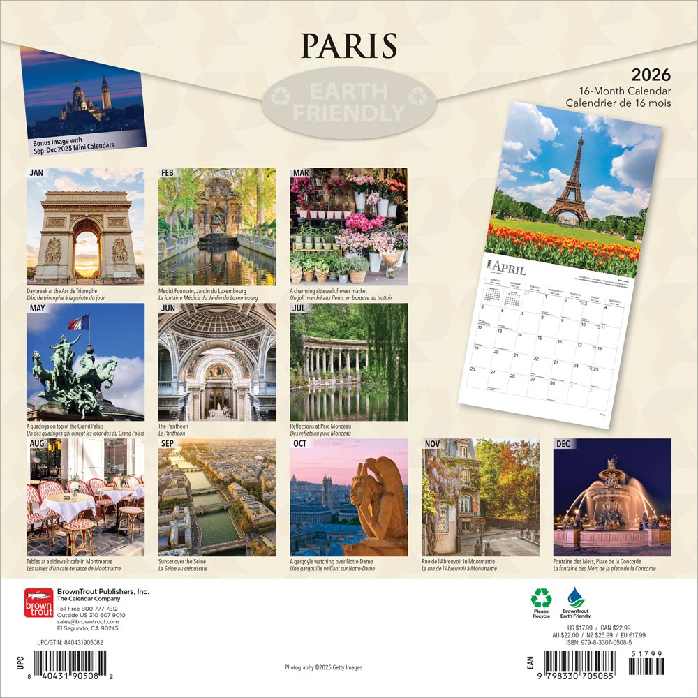 Paris | 2026 12 x 24 Inch (Hanging) Monthly Square Wall Calendar | Foil Stamped Cover | English/French Bilingual