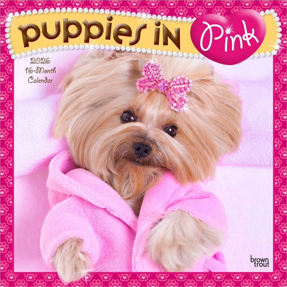 Puppies in Pink | 2026 12 x 24 Inch (Hanging) Monthly Square Wall Calendar