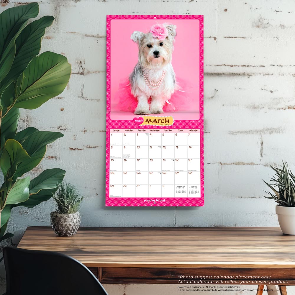 Puppies in Pink | 2026 12 x 24 Inch (Hanging) Monthly Square Wall Calendar