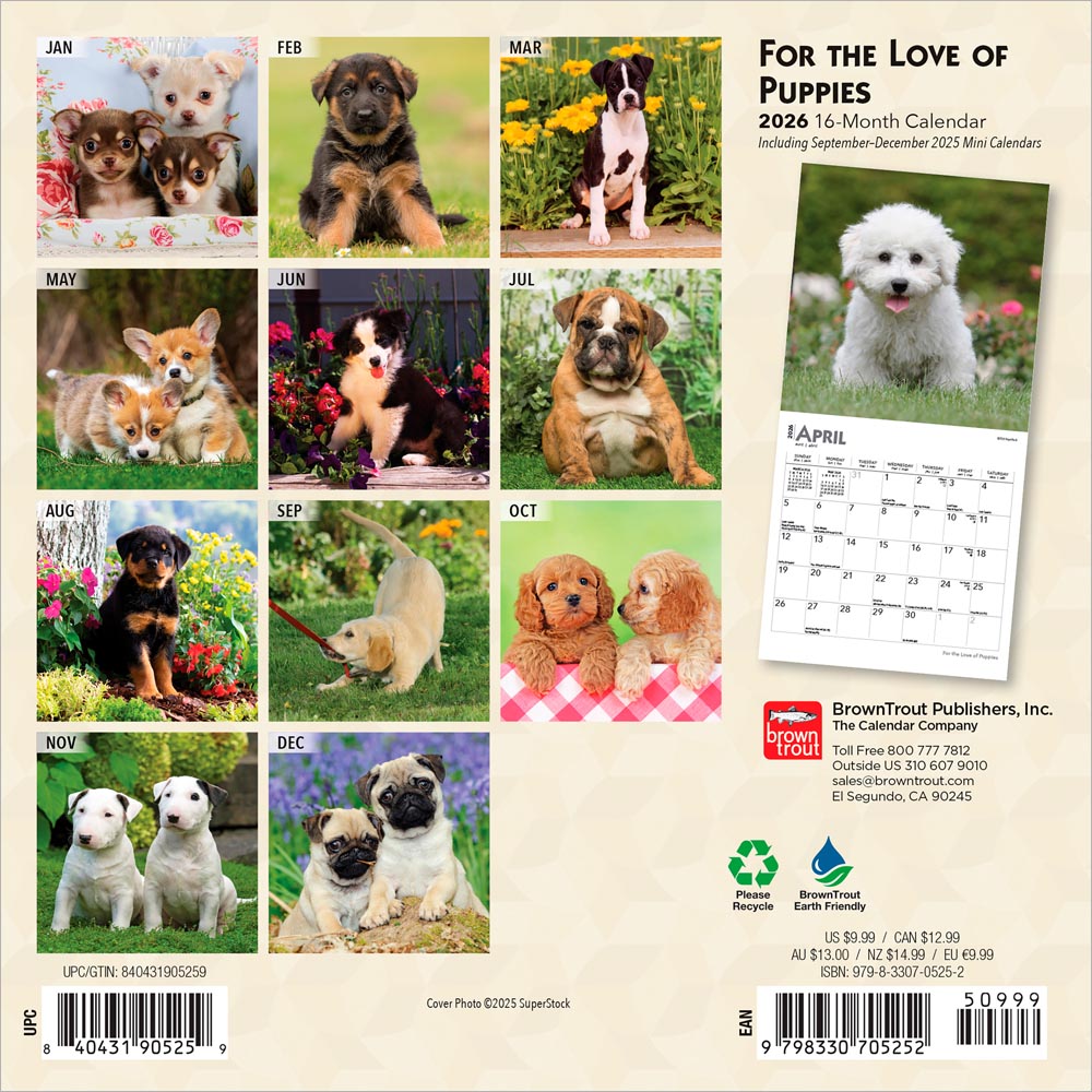 For the Love of Puppies | 2026 7 x 14 Inch (Hanging) Monthly Mini Wall Calendar