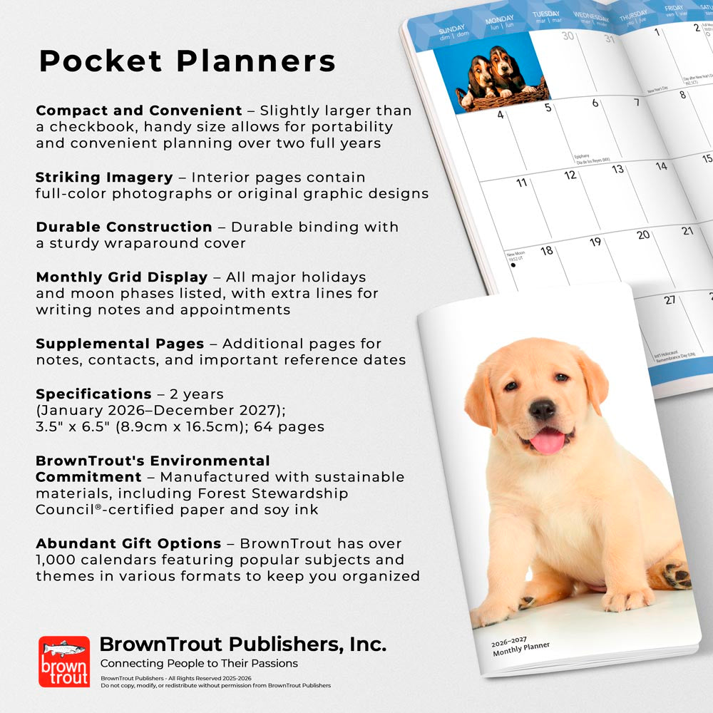 I Love Puppies | 2026-2027 3.5 x 6.5 Inch Two Year Monthly Pocket Planner Calendar