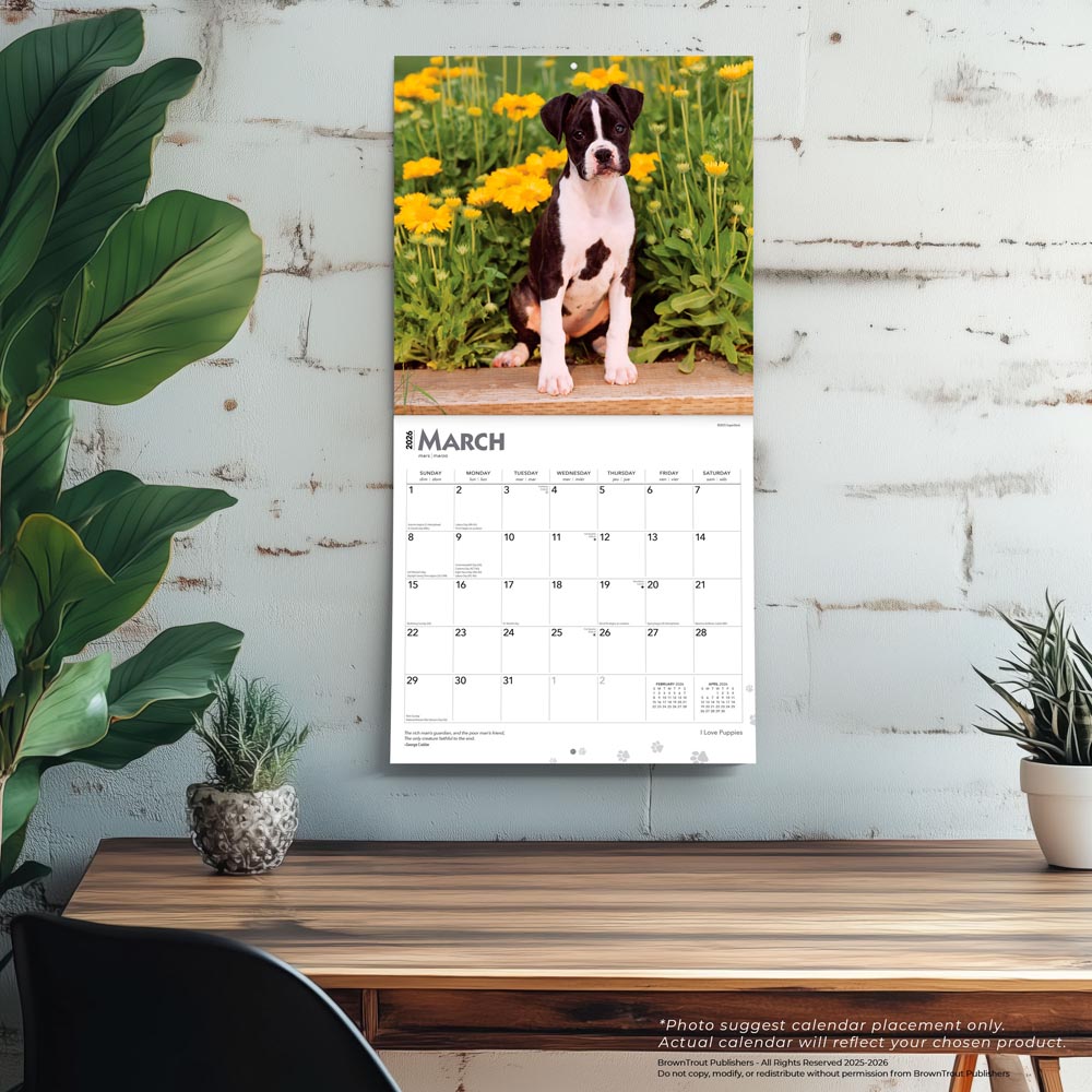 I Love Puppies | 2026 12 x 24 Inch (Hanging) Monthly Square Wall Calendar