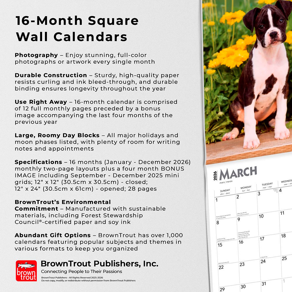 I Love Puppies | 2026 12 x 24 Inch (Hanging) Monthly Square Wall Calendar